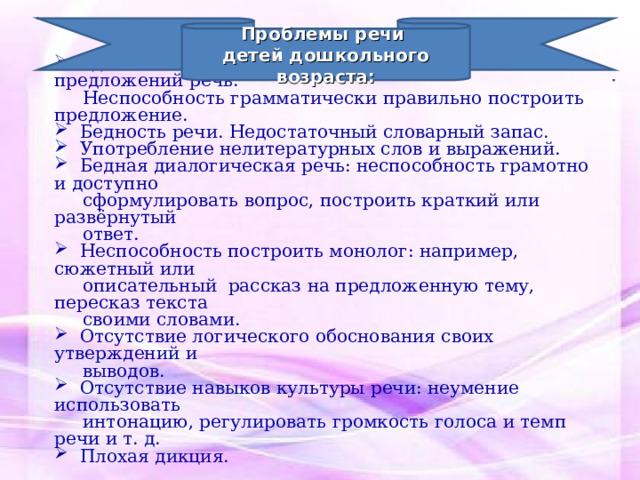 Проблемы речи детей дошкольного возраста:  Односложная, состоящая лишь из простых предложений речь.  Неспособность грамматически правильно построить предложение.  Бедность речи. Недостаточный словарный запас.  Употребление нелитературных слов и выражений.  Бедная диалогическая речь: неспособность грамотно и доступно  сформулировать вопрос, построить краткий или развёрнутый  ответ.  Неспособность построить монолог: например, сюжетный или  описательный рассказ на предложенную тему, пересказ текста  своими словами.  Отсутствие логического обоснования своих утверждений и  выводов.  Отсутствие навыков культуры речи: неумение использовать  интонацию, регулировать громкость голоса и темп речи и т. д.  Плохая дикция. 