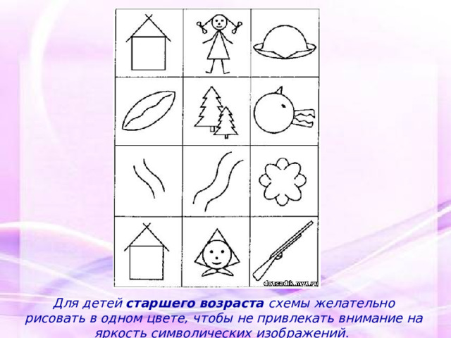 Для детей старшего возраста схемы желательно рисовать в одном цвете,  чтобы не привлекать внимание на яркость символических изображений . 