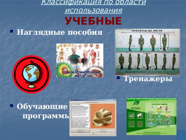 Классификация по области использования  УЧЕБНЫЕ Наглядные пособия     Тренажеры   Обучающие  программы  