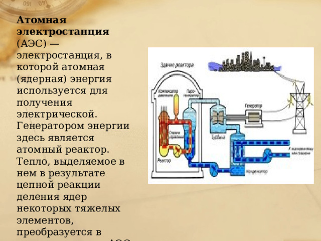 Атомная электростанция (АЭС) — электростанция, в которой атомная (ядерная) энергия используется для получения электрической. Генератором энергии здесь является атомный реактор. Тепло, выделяемое в нем в результате цепной реакции деления ядер некоторых тяжелых элементов, преобразуется в электроэнергию. АЭС работают на ядерном горючем (уран, плутоний и др.), мировые запасы которого значительно превышают запасы органического топлива.   