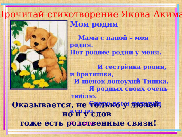 Прочитай стихотворение Якова Акима Моя родня   Мама с папой – моя родня.  Нет роднее родни у меня.   И сестрёнка родня, и братишка,  И щенок лопоухий Тишка.  Я родных своих очень люблю.  Скоро всем подарки куплю …   Я. Аким Оказывается, не только у людей, но и у слов  тоже есть родственные связи! 