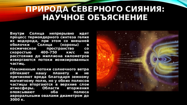 Природа северного сияния: научное объяснение   Внутри Солнца непрерывно идет процесс термоядерного синтеза гелия из водорода, при этом со внешней оболочки Солнца (короны) в космическое пространство со скоростью 400–750 км/с на расстояние до миллиона километров извергаются потоки ионизированных частиц. Плазменные потоки солнечного ветра обтекают нашу планету и не причиняют вреда благодаря земному магнитному полю, но у обоих полюсов частицы вторгаются в верхние слои атмосферы. Области вторжения опоясывают оба полюса авроральными овалами диаметром до 3000 к.  