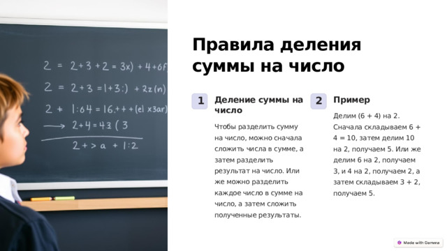 Правила деления суммы на число Деление суммы на число Пример 1 2 Делим (6 + 4) на 2. Сначала складываем 6 + 4 = 10, затем делим 10 на 2, получаем 5. Или же делим 6 на 2, получаем 3, и 4 на 2, получаем 2, а затем складываем 3 + 2, получаем 5. Чтобы разделить сумму на число, можно сначала сложить числа в сумме, а затем разделить результат на число. Или же можно разделить каждое число в сумме на число, а затем сложить полученные результаты.  