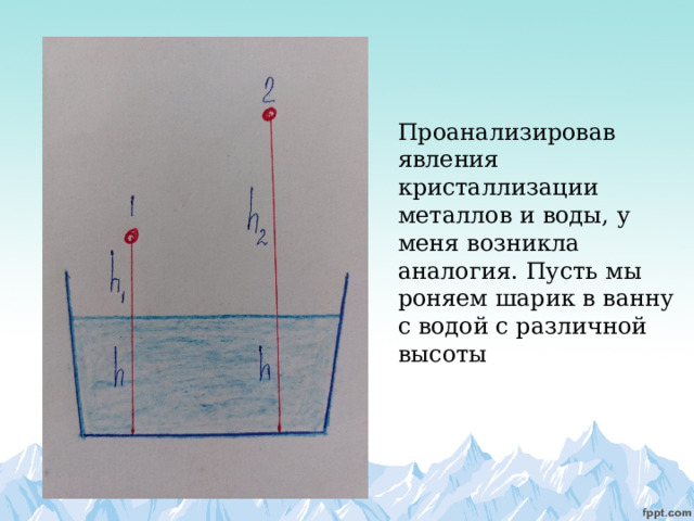 Проанализировав явления кристаллизации металлов и воды, у меня возникла аналогия. Пусть мы роняем шарик в ванну с водой с различной высоты 