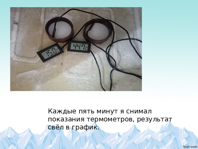Каждые пять минут я снимал показания термометров, результат свёл в график. 