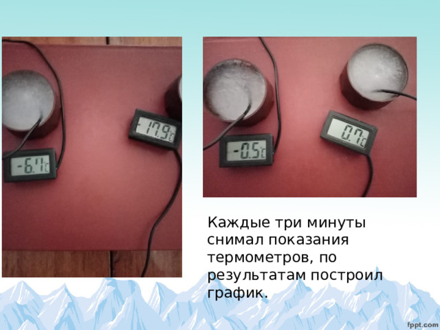 Каждые три минуты снимал показания термометров, по результатам построил график. 