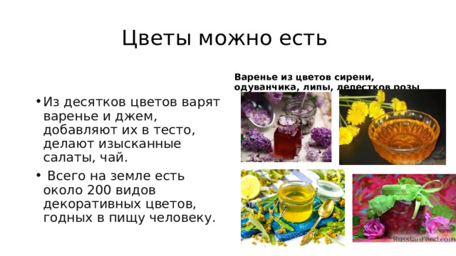 Цветы можно есть Варенье из цветов сирени, одуванчика, липы, лепестков розы Из десятков цветов варят варенье и джем, добавляют их в тесто, делают изысканные салаты, чай.  Всего на земле есть около 200 видов декоративных цветов, годных в пищу человеку.  