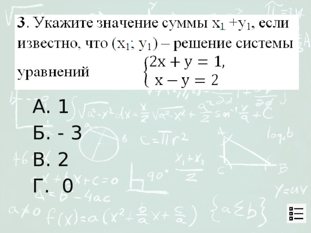 А. 1 Б. - 3 В. 2 Г. 0 