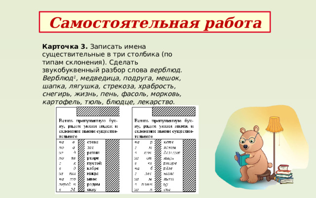 Самостоятельная работа Карточка 3. Записать имена существительные в три столбика (по типам склонения). Сделать звукобуквенный разбор слова верблюд. Верблюд 1 , медведица, подруга, мешок, шапка, лягушка, стрекоза, храбрость, снегирь, жизнь, пень, фасоль, морковь, картофель, тюль, блюдце, лекарство. 