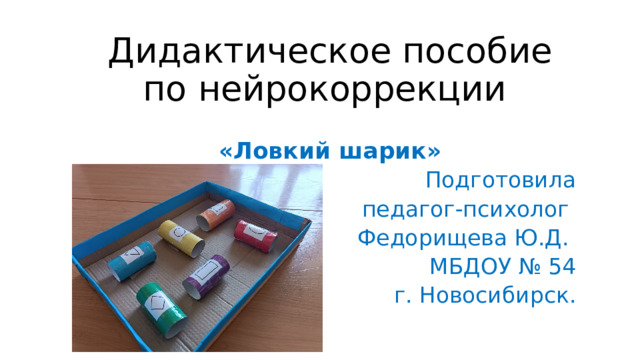 Дидактическое пособие по нейрокоррекции «Ловкий шарик» Подготовила  педагог-психолог Федорищева Ю.Д. МБДОУ № 54 г. Новосибирск. 