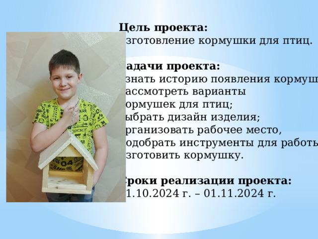 Цель проекта: изготовление кормушки для птиц.  Задачи проекта: узнать историю появления кормушки; рассмотреть варианты кормушек для птиц; выбрать дизайн изделия; организовать рабочее место, подобрать инструменты для работы; изготовить кормушку.  Сроки реализации проекта: 01.10.2024 г. – 01.11.2024 г. 