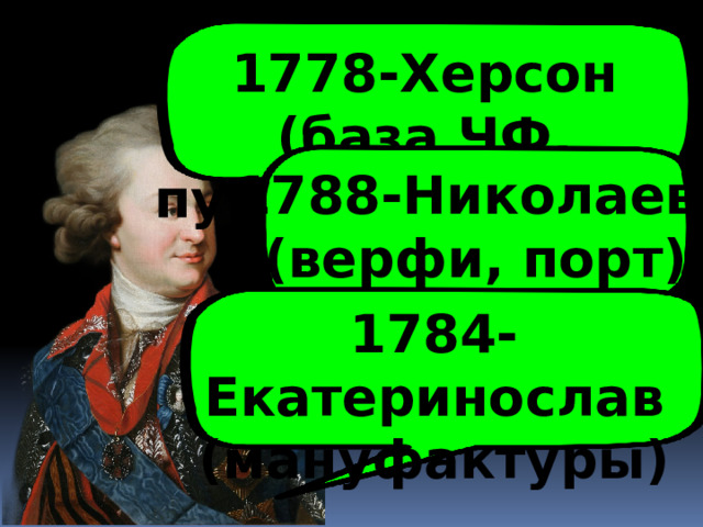 1778-Херсон (база ЧФ, пушечный завод) 1788-Николаев (верфи, порт) 1784-Екатеринослав (мануфактуры) 