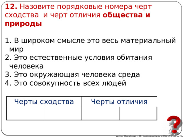 12. Назовите порядковые номера черт сходства и черт отличия общества и природы  В широком смысле это весь материальный мир  Это естественные условия обитания человека  Это окружающая человека среда  Это совокупность всех людей Черты сходства Черты отличия Автор: Михайлова Н.М.- преподаватель МАОУ «Лицей № 21» 