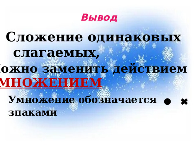 Вывод Сложение одинаковых слагаемых, Можно заменить действием УМНОЖЕНИЕМ Умножение  обозначается знаками  