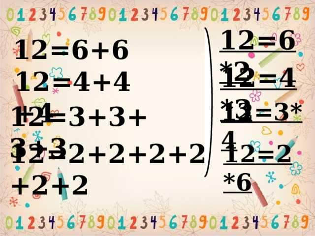 12=6*2 12=6+6 12=4*3 12=4+4+4 12=3*4 12=3+3+3+3 12=2+2+2+2+2+2 12=2*6 