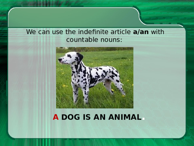We can use the indefinite article a/an with countable nouns: A dog is an animal . 