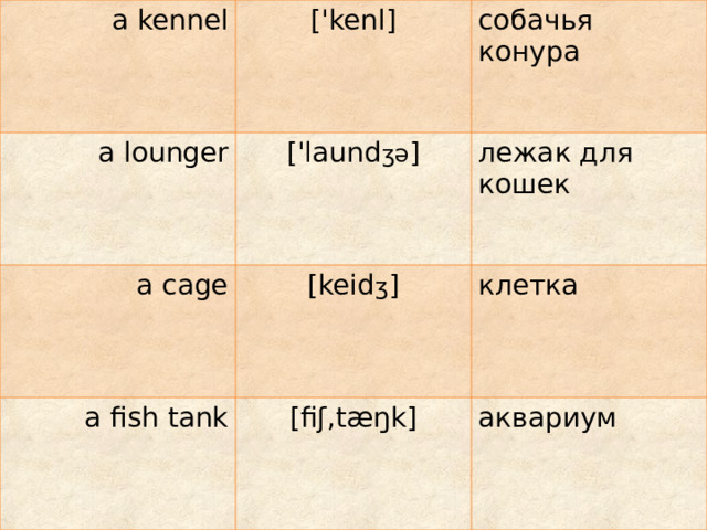 a kennel ['kenl] a lounger собачья конура ['laund ʒə ] a cage лежак для кошек [keid ʒ ] a fish tank клетка [fiʃ,tæŋk] аквариум 