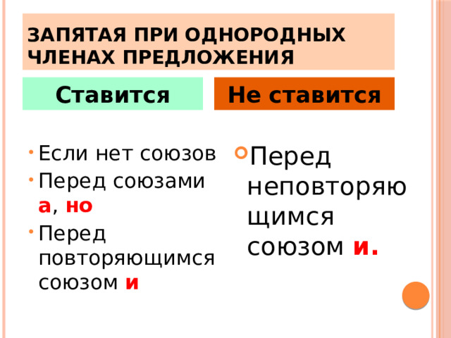 Запятая при однородных членах предложения Ставится Не ставится Если нет союзов Перед союзами а , но Перед повторяющимся союзом и Перед неповторяющимся союзом и. 