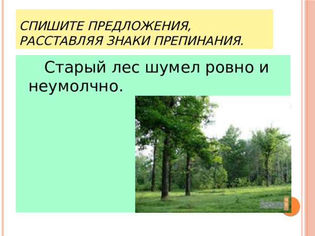 Спишите предложения, расставляя знаки препинания.   Старый лес шумел ровно и неумолчно. 