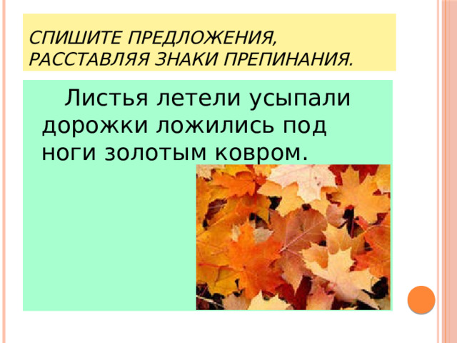 Спишите предложения, расставляя знаки препинания.   Листья летели усыпали дорожки ложились под ноги золотым ковром. 