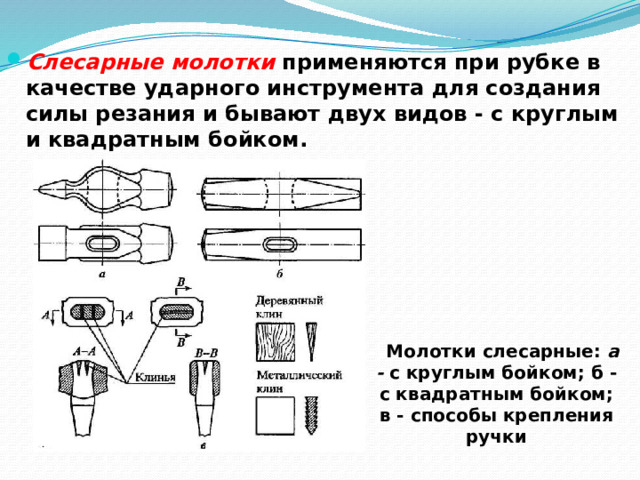 Слесарные молотки применяются при рубке в качестве ударного инструмента для создания силы резания и бывают двух видов - с круглым  и квадратным бойком. Молотки слесарные: а - с круглым бойком; б - с квадратным бойком; в - способы крепления ручки  