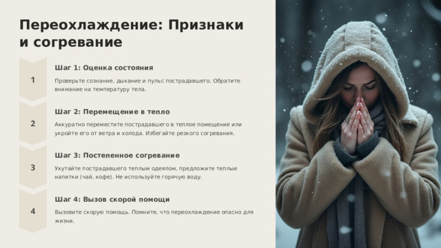  Переохлаждение: Признаки и согревание Шаг 1: Оценка состояния Проверьте сознание, дыхание и пульс пострадавшего. Обратите внимание на температуру тела. Шаг 2: Перемещение в тепло Аккуратно переместите пострадавшего в теплое помещение или укройте его от ветра и холода. Избегайте резкого согревания. Шаг 3: Постепенное согревание Укутайте пострадавшего теплым одеялом, предложите теплые напитки (чай, кофе). Не используйте горячую воду. Шаг 4: Вызов скорой помощи Вызовите скорую помощь. Помните, что переохлаждение опасно для жизни. 