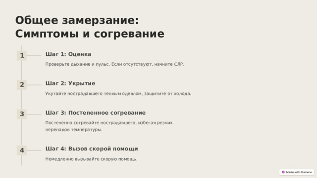  Общее замерзание: Симптомы и согревание Шаг 1: Оценка 1 Проверьте дыхание и пульс. Если отсутствуют, начните СЛР. Шаг 2: Укрытие 2 Укутайте пострадавшего теплым одеялом, защитите от холода. Шаг 3: Постепенное согревание 3 Постепенно согревайте пострадавшего, избегая резких перепадов температуры. Шаг 4: Вызов скорой помощи 4 Немедленно вызывайте скорую помощь. 