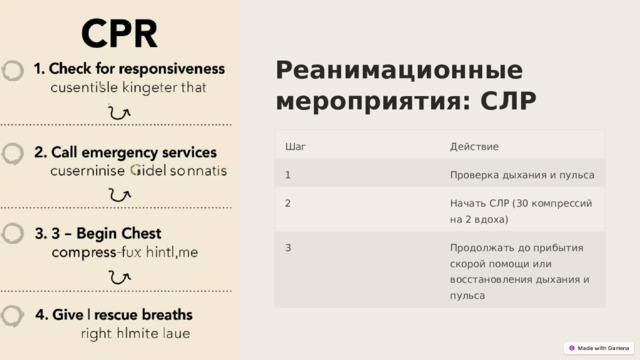  Реанимационные мероприятия: СЛР Шаг Действие 1 Проверка дыхания и пульса 2 Начать СЛР (30 компрессий на 2 вдоха) 3 Продолжать до прибытия скорой помощи или восстановления дыхания и пульса 