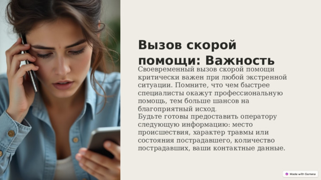  Вызов скорой помощи: Важность Своевременный вызов скорой помощи критически важен при любой экстренной ситуации. Помните, что чем быстрее специалисты окажут профессиональную помощь, тем больше шансов на благоприятный исход . Будьте готовы предоставить оператору следующую информацию: место происшествия, характер травмы или состояния пострадавшего, количество пострадавших, ваши контактные данные. 
