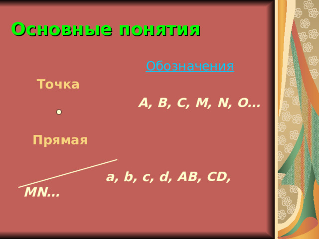 Основные понятия  Обозначения  Точка  А, В, С, М, N , О…  Прямая  а, b , c , d , AB , CD , MN … 