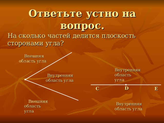 На сколько частей делится плоскость сторонами угла?  Внешняя область угла  Внутренняя область угла  Внутренняя  область угла D E C  Внешняя область угла  Внутренняя область угла 