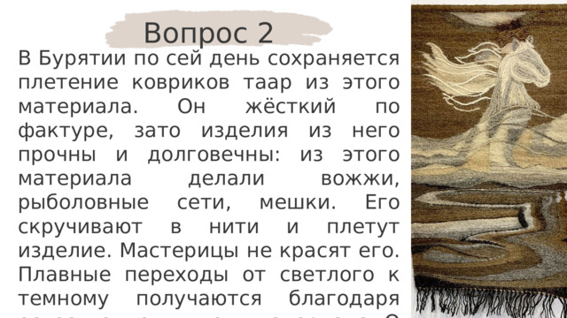 Вопрос 2 В Бурятии по сей день сохраняется плетение ковриков таар из этого материала. Он жёсткий по фактуре, зато изделия из него прочны и долговечны: из этого материала делали вожжи, рыболовные сети, мешки. Его скручивают в нити и плетут изделие. Мастерицы не красят его. Плавные переходы от светлого к темному получаются благодаря естественному цвету материала. О каком материале идёт речь? 