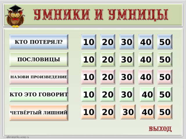 КТО ПОТЕРЯЛ? 10 30 40 50 20 ПОСЛОВИЦЫ 10 20 30 40 50 НАЗОВИ ПРОИЗВЕДЕНИЕ 10 50 40 30 20 КТО ЭТО ГОВОРИТ 20 50 40 30 10 ЧЕТВЁРТЫЙ ЛИШНИЙ 20 30 40 50 10  