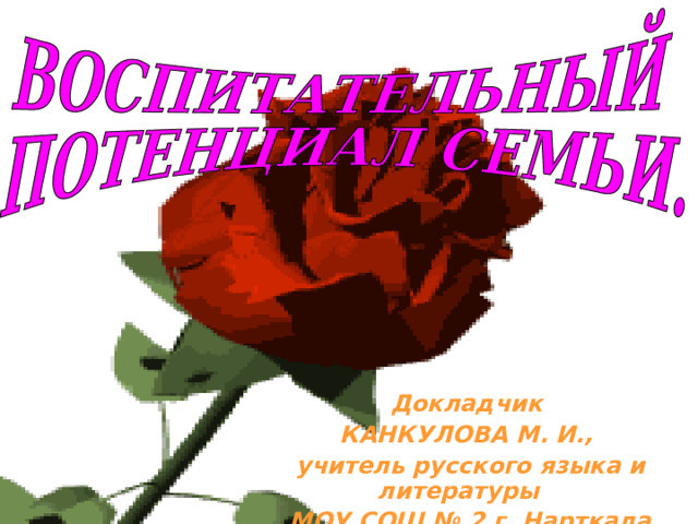 Докладчик КАНКУЛОВА М. И., учитель русского языка и литературы  МОУ СОШ № 2 г. Нарткала.   