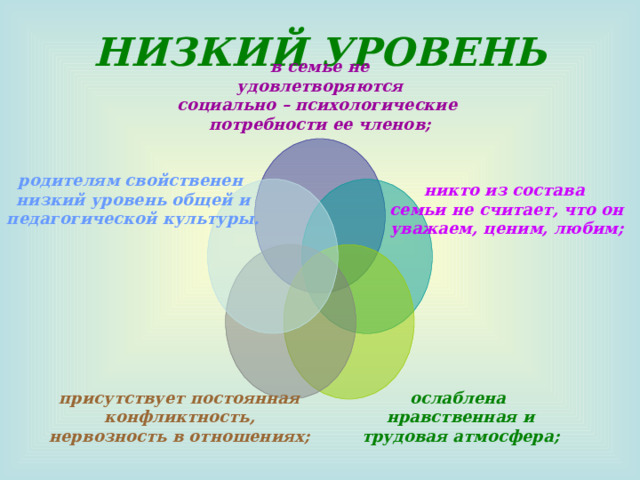 НИЗКИЙ УРОВЕНЬ в семье не удовлетворяются социально – психологические потребности ее членов;  никто из состава семьи не считает, что он уважаем, ценим, любим; родителям свойственен низкий уровень общей и педагогической культуры.  ослаблена нравственная и трудовая атмосфера; присутствует постоянная конфликтность, нервозность в отношениях; 