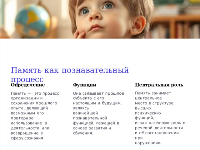 Память  как  познавательный  процесс Определение Функции Центральная  роль Память  —  это  процесс Она  связывает  прошлое Память  занимает центральное  место  в структуре  высших организации  и  сохранения прошлого  опыта,  делающий возможным  его  повторное использование  в субъекта  с  его  настоящим  и будущим,  являясь психических  функций, деятельности  или возвращение  в  сферу сознания. важнейшей играя  ключевую  роль  в речевой  деятельности  и  её восстановлении  при познавательной  функцией, лежащей  в  основе  развития и обучения. нарушениях. 