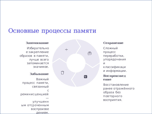 Основные  процессы  памяти Сохранение Запоминание Избирательное закрепление  образов  в памяти,  лучше  всего Сложный  процесс переработки, запоминается  значимое. упорядочения  и классификации информации. Воспроизведение Восстановление  ранее отражённого  образа  без повторного  восприятия. Забывание Важный  процесс  памяти, связанный  с реминисценцией  — улучшенным отсроченным воспроизведением. 