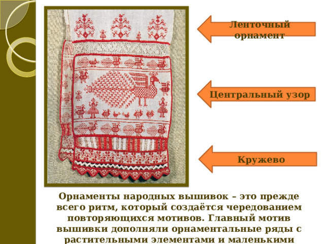 Ленточный орнамент Центральный узор Кружево Орнаменты народных вышивок – это прежде всего ритм, который создаётся чередованием повторяющихся мотивов. Главный мотив вышивки дополняли орнаментальные ряды с растительными элементами и маленькими птичками. 