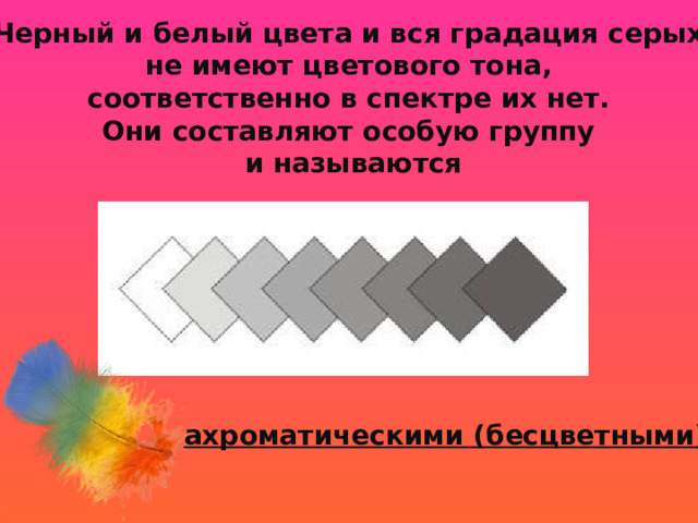 Черный и белый цвета и вся градация серых не имеют цветового тона, соответственно в спектре их нет. Они составляют особую группу и называются ахроматическими (бесцветными). 