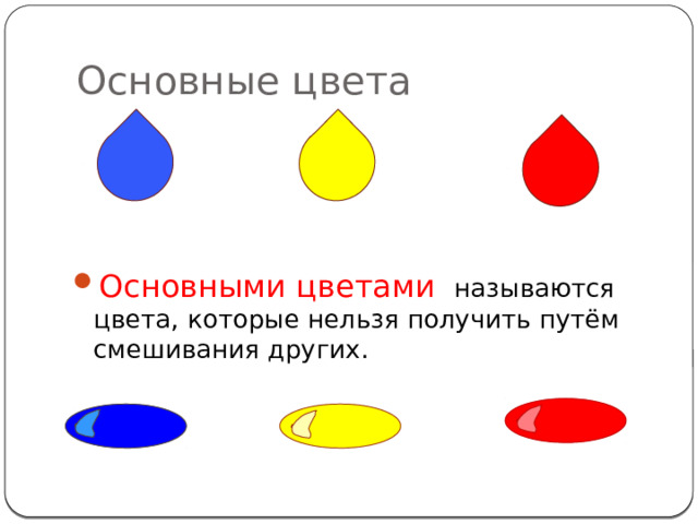 Основные цвета Основными цветами  называются цвета, которые нельзя получить путём смешивания других. 