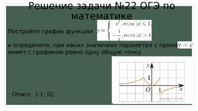 Решение задачи №22 ОГЭ по математике Постройте график функции и определите, при каких значениях параметра c прямая имеет с графиком ровно одну общую точку. Ответ: (-1; 0]. 