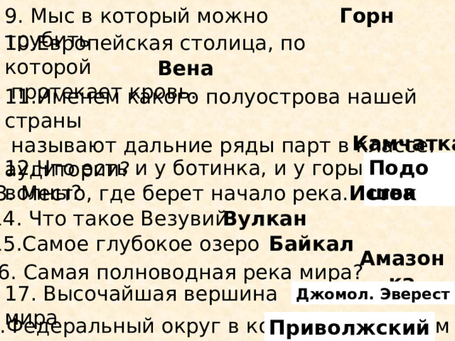 Горн 9. Мыс в который можно трубить 10.Европейская столица, по которой  протекает кровь. Вена 11.Именем какого полуострова нашей страны  называют дальние ряды парт в классе, аудитории?   Камчатка 12.Что есть и у ботинка, и у горы, и у волны?   Подошва 13. Место, где берет начало река. Исток Вулкан 14. Что такое Везувий . 15.Самое глубокое озеро Байкал 16. Самая полноводная река мира? Амазонка 17. Высочайшая вершина мира Джомол. Эверест 18.Федеральный округ в котором мы живем Приволжский 