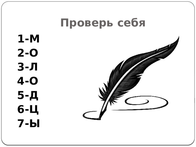 Проверь себя 1-М 2-О 3-Л 4-О 5-Д 6-Ц 7-Ы 