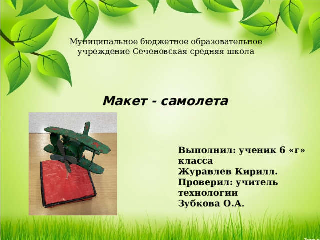 Муниципальное бюджетное образовательное учреждение Сеченовская средняя школа  Макет - самолета Выполнил: ученик 6 «г» класса Журавлев Кирилл. Проверил: учитель технологии Зубкова О.А . 