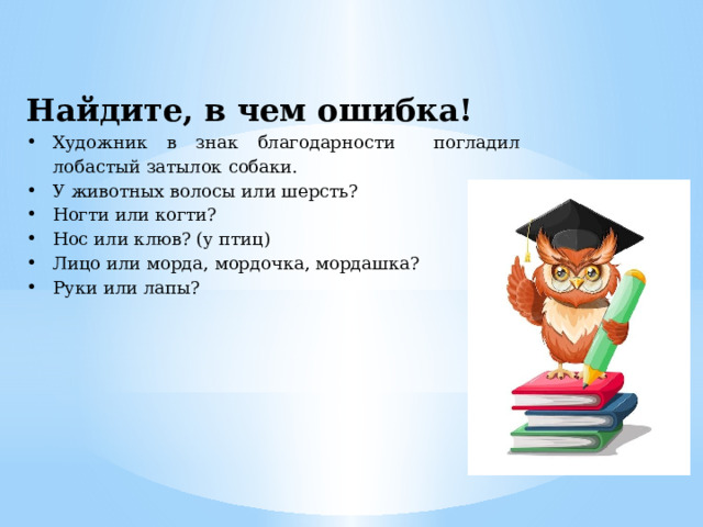Найдите, в чем ошибка! Художник в знак благодарности погладил лобастый затылок собаки. У животных волосы или шерсть? Ногти или когти? Нос или клюв? (у птиц) Лицо или морда, мордочка, мордашка? Руки или лапы?   