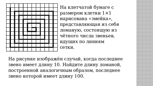 На клетчатой бумаге с размером клетки 1×1 нарисована «змейка», представляющая из себя ломаную, состоящую из чётного числа звеньев, идущих по линиям сетки. На рисунке изображён случай, когда последнее звено имеет длину 10. Найдите длину ломаной, построенной аналогичным образом, последнее звено которой имеет длину 100. 