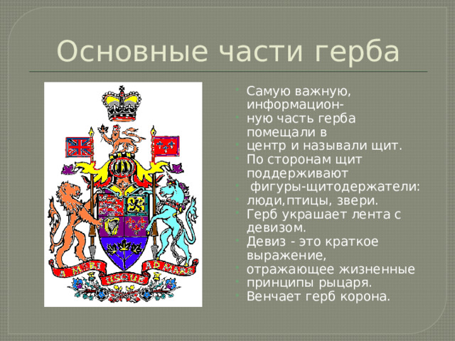 Основные части герба Самую важную, информацион- ную часть герба помещали в центр и называли щит. По сторонам щит поддерживают  фигуры-щитодержатели: люди,птицы, звери. Герб украшает лента с девизом. Девиз - это краткое выражение, отражающее жизненные принципы рыцаря. Венчает герб корона. 