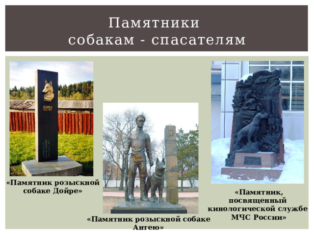 Памятники  собакам - спасателям «Памятник розыскной собаке Дойре» «Памятник, посвященный кинологической службе МЧС России» «Памятник розыскной собаке Антею» 