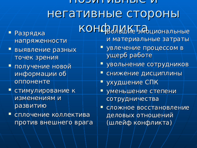 Позитивные и негативные стороны конфликта Большие эмоциональные и материальные затраты увлечение процессом в ущерб работе увольнение сотрудников снижение дисциплины ухудшение СПК уменьшение степени сотрудничества сложное восстановление деловых отношений (шлейф конфликта) Разрядка напряженности выявление разных точек зрения получение новой информации об оппоненте стимулирование к изменениям и развитию сплочение коллектива против внешнего врага 