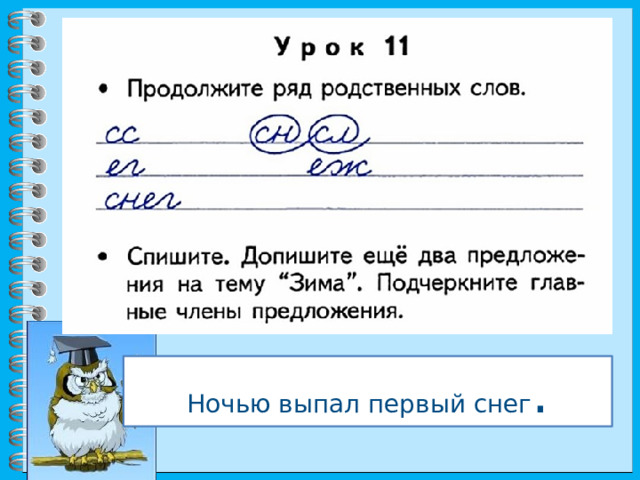 Ночью выпал первый снег . 